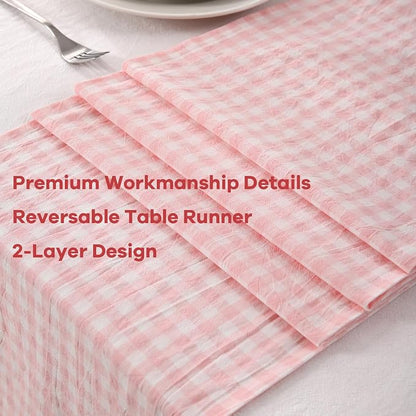 Blush White Plaid Gingham Ruffle Table Runner 120 inches Long 100% Washed - Image 5