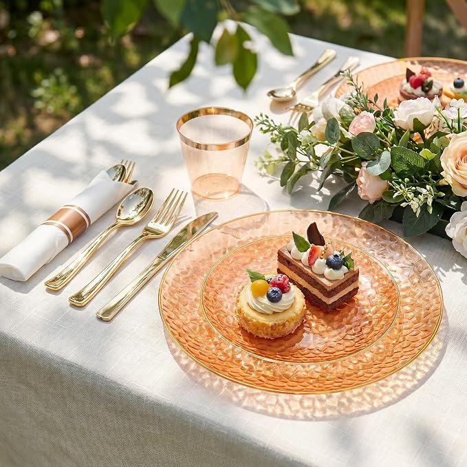 Rubtlamp 700Pcs Orange Gold Plastic Dinnerware Set, Hammered Clear Gold Plates - Image 4