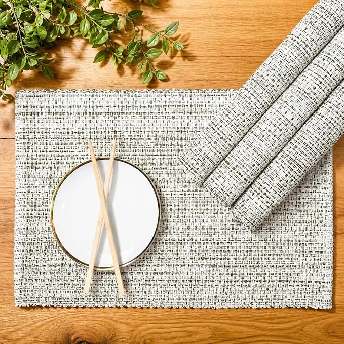 Cotton Placemats Set of 4, 13x19 Inch, Neutral Green Ivory | Washable Woven by ChardinHome