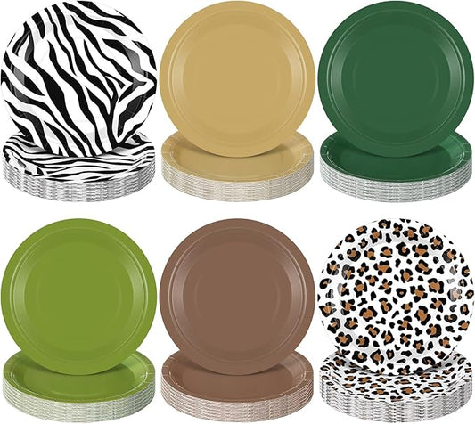 60 Pcs 7 Inch Jungle Safari Paper Plates Forest Animal Plates Decorations Sage Green Brown Dessert Dish Disposable Tableware for Woodland Baby Shower Birthday Safari Themed Party Supplies