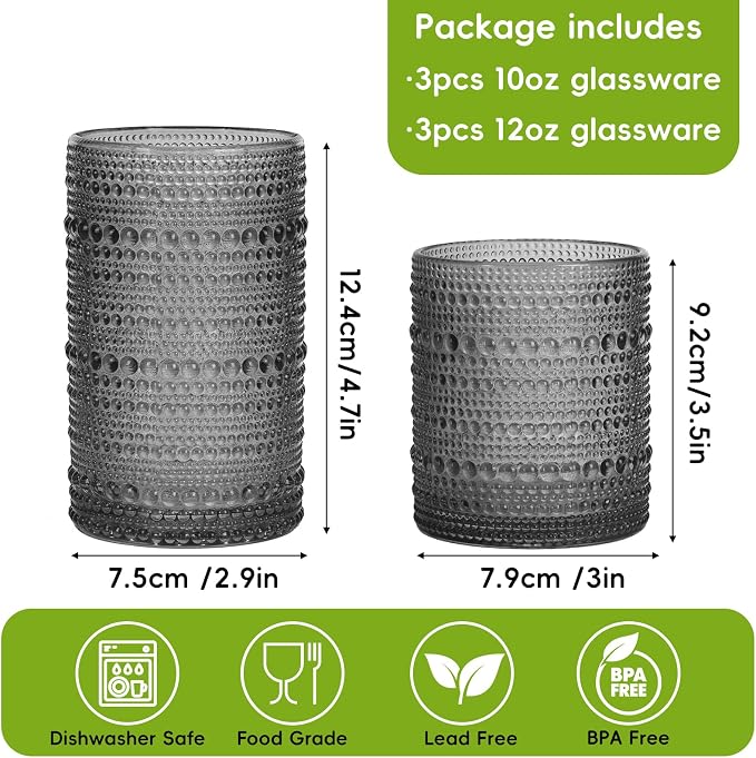 Moretoes Gray Hobnail Drinking Glasses Set of 6, Glass Cups | 12 Oz Highball - Image 3