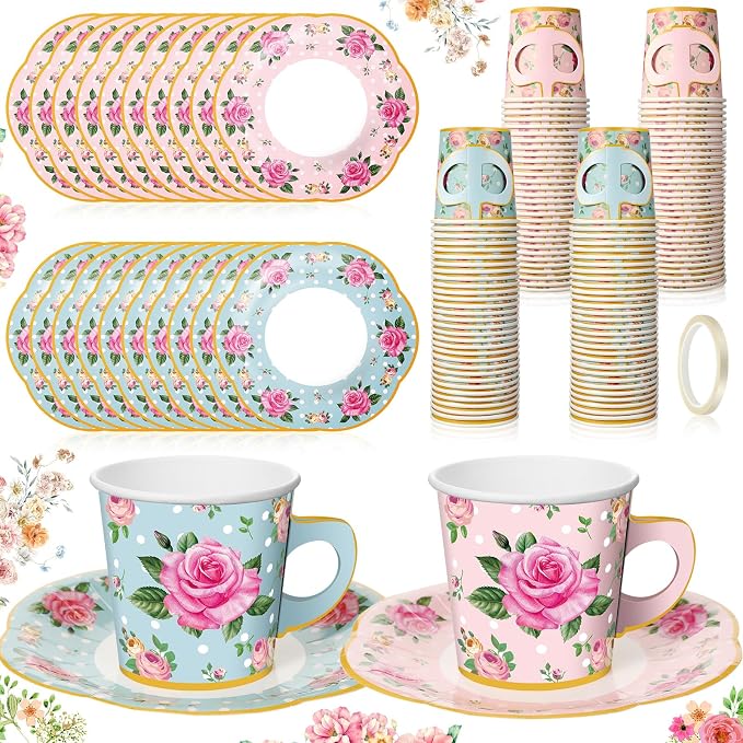 Umigy 60 Sets Floral Tea Party Decorations 9 oz Floral Paper Teacups & Saucer by Umigy