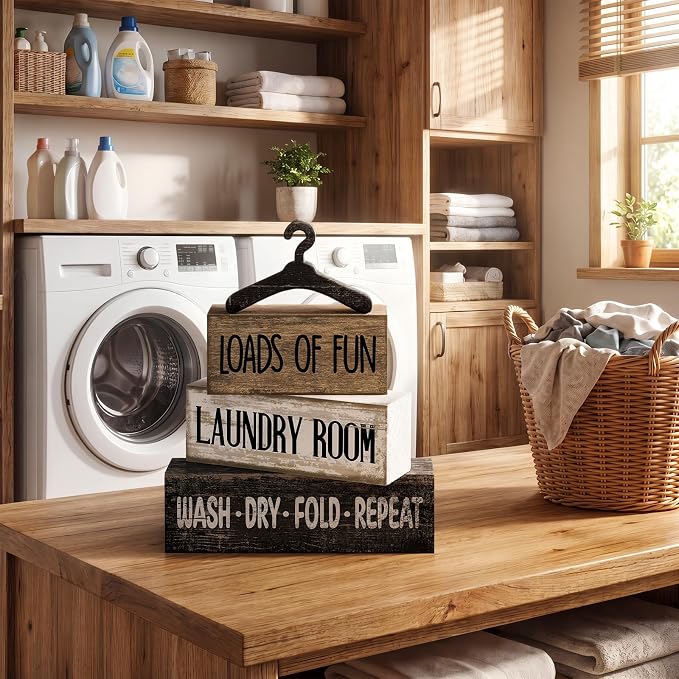 Moucuny 4 Pcs Farmhouse Laundry Room Decor and Accessories Stacked Blocks Loads - Image 6