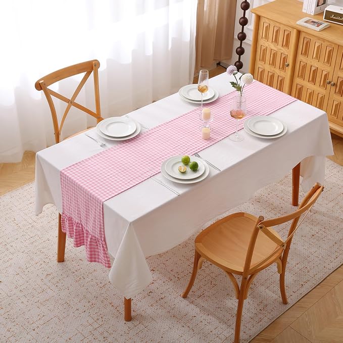 Pink White Plaid Gingham Ruffle Table Runner 72 inches Long 100% Washed Cotton - Image 2