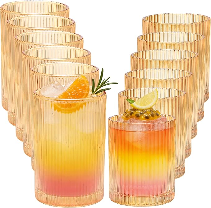 14 oz & 18 oz Ribbed Drinking Glasses Set of 12, Vintage Iced Coffee Cups by XKXKKE