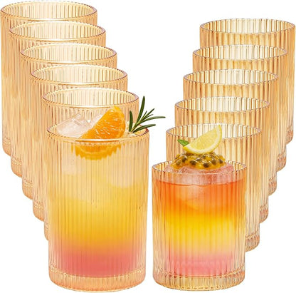14 oz & 18 oz Ribbed Drinking Glasses Set of 12, Vintage Iced Coffee Cups by XKXKKE