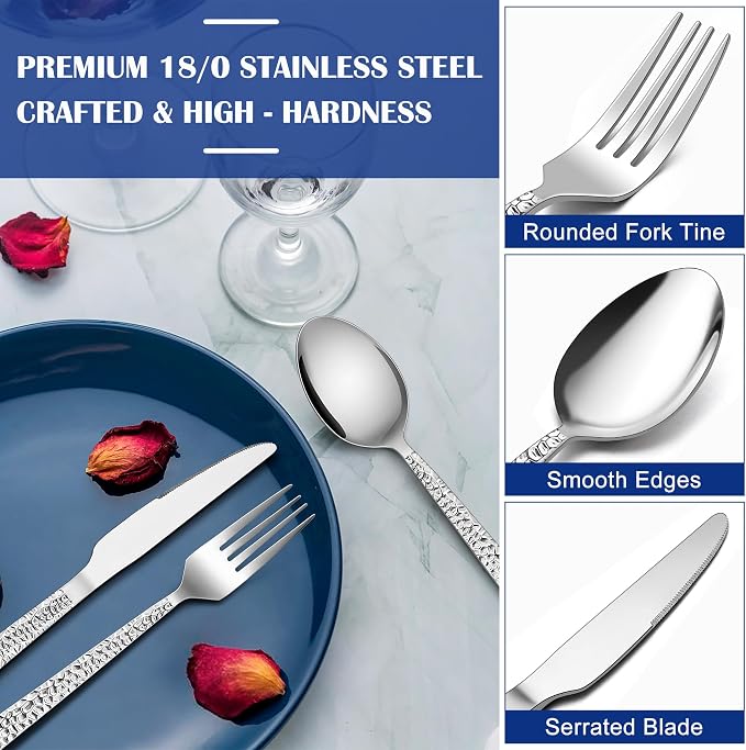 E-far 12-Piece Hammered Silverware Set, Stainless Steel Flatware Set - Image 3
