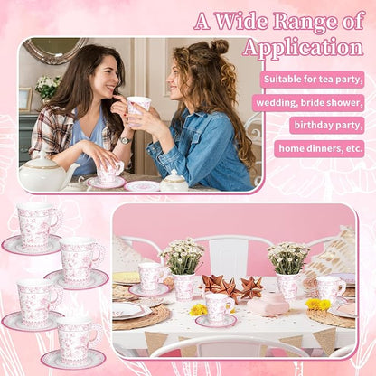 Whaline 80 Pcs Pink White Floral Paper Tea Cups and Saucers Porcelain - Image 7