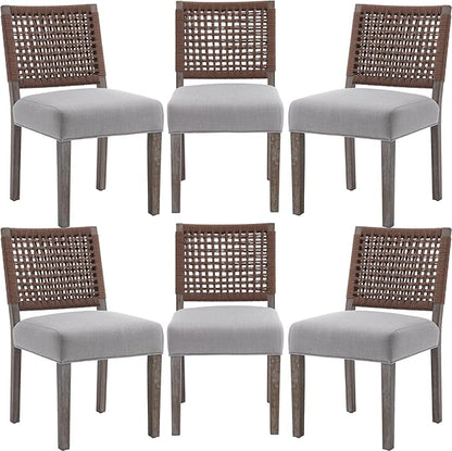 Farmhouse Dining Chairs Set of 6 Linen Fabric Upholstered Accent Side Chair, Mid Century Modern Kitchen & Dining Room Chairs with Woven Rope Back for Home, Living Room, Bedroom - Grey