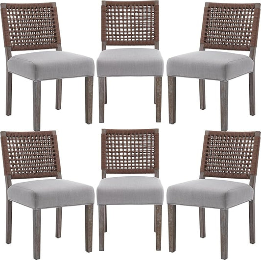 Farmhouse Dining Chairs Set of 6 Linen Fabric Upholstered Accent Side Chair, Mid Century Modern Kitchen & Dining Room Chairs with Woven Rope Back for Home, Living Room, Bedroom - Grey