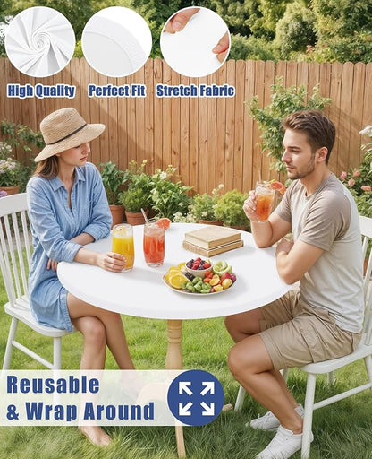 Round Spandex Tablecloth 2 Pack, Elastic Fitted Waterproof Tablecloths for 57"-68" Tables, Stretch Washable Picnic Table Cover for Camping, Dining, Indoor and Outdoor, White