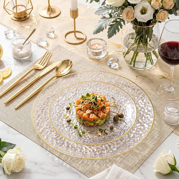 Rubtlamp 60Pcs Clear Plastic Plates, Heavy-duty Gold Plates, Hammered Party - Image 8