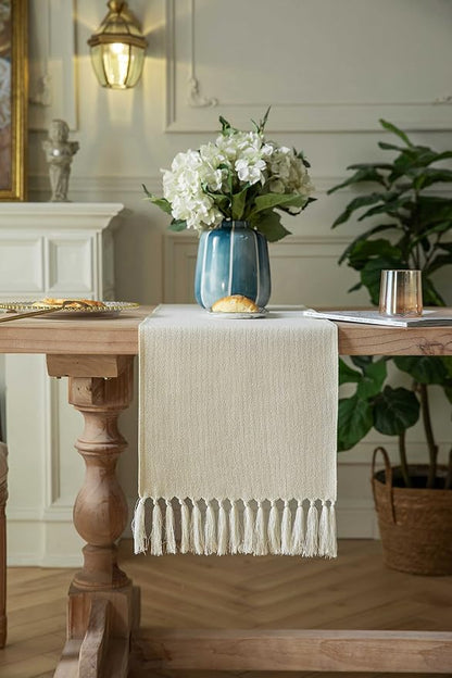 Cream Table Runners 60 Inches Long, Burlap Linen Style Rustic Farmhouse Table - Image 2