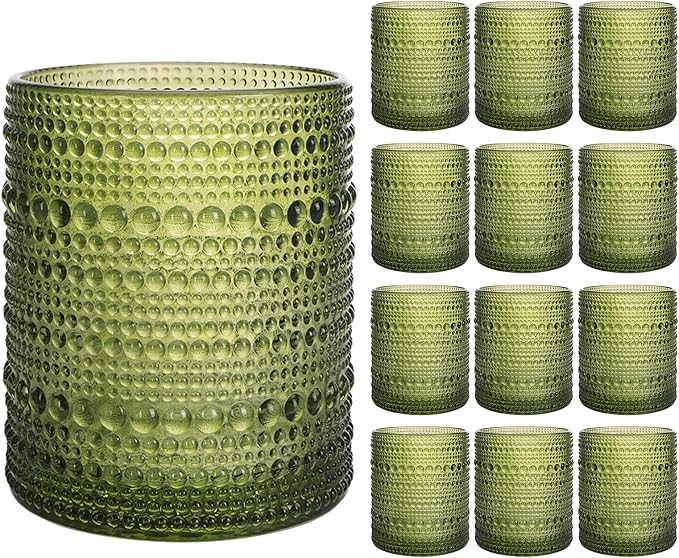 Moretoes 12 Pack 10 Oz Green Vintage Hobnail Drinking Glasses Set | Cocktail by Moretoes