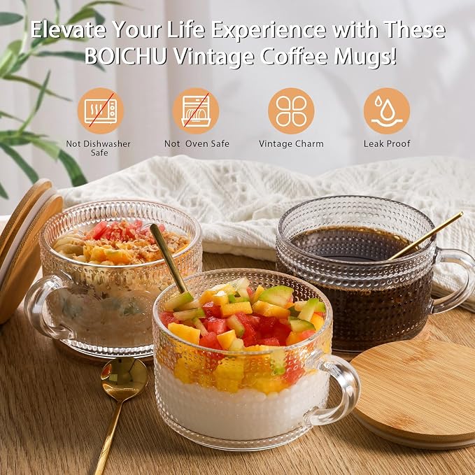 BOICHU Vintage Coffee Mugs Glassware Set of 4-14oz Leak Proof Overnight Oats - Image 3