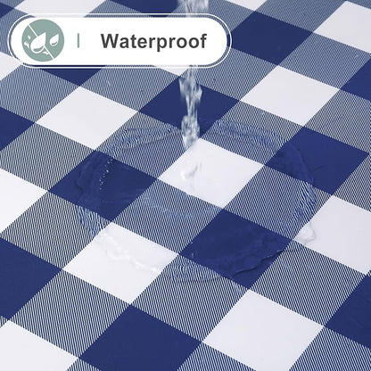 misaya Round Waterproof Vinyl Table Cloth, Buffalo Flannel Backed Tablecloth, Wipeable Plastic Table Cover for Dinner, Kitchen, Picnic (60", White and Navy)