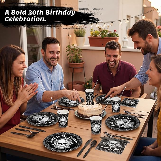 450 Pcs Death to My 20s Tableware Set Decoration Serves 50 | Black White 30th - Image 6