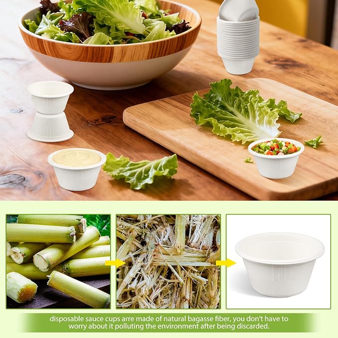 LeonBach 100 Pack 2 oz Natural Bagasse Fiber Paper Bowls, - Image 5