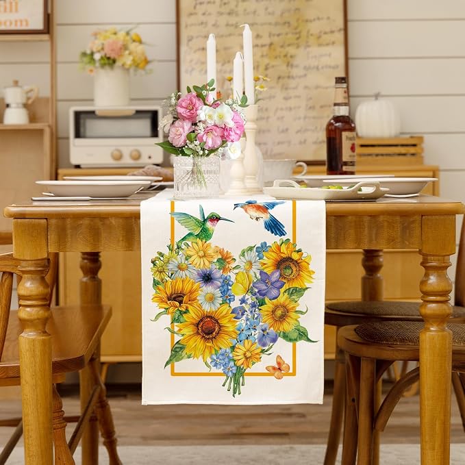 Summer Sunflowers Daisies Table Runner Birds Burlap Table Runners, Spring - Image 3