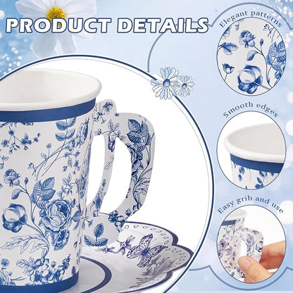 FillTouch 100 Sets Blue Floral Paper Tea Cups and Saucers Disposable Paper Tea - Image 3