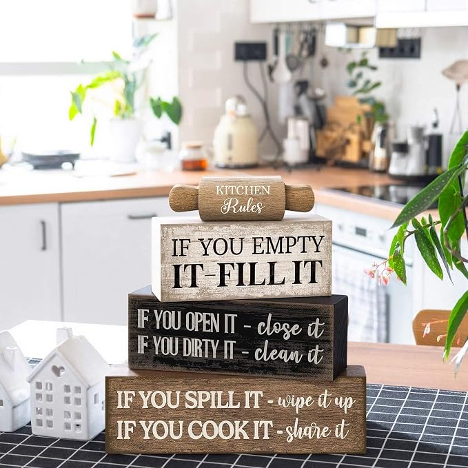 Moucuny 4 Pcs Rustic Wooden Table Decor Farmhouse Kitchen Rules Wood Sign Black - Image 3