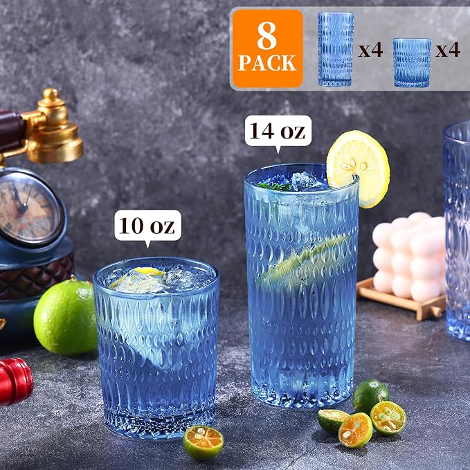 Loivttvv Glassware Drinking Glasses Set of 8, 14 oz Highball Glasses & 10 oz - Image 2