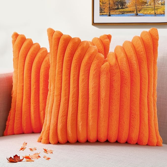 decorUhome Cozy Faux Fur Spring Throw Pillow Covers 20x20 Set of 2 Decorative Soft Plush Striped Modern Farmhouse Boho Couch Pillow Cases with Velvet Back for Sofa Bed Living Room, Orange