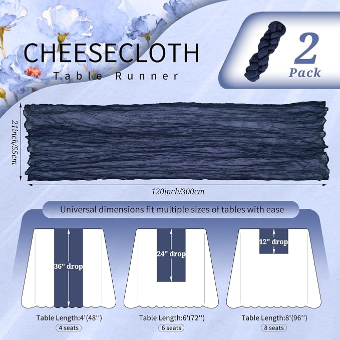 Showgeous 2 Pack Navy Blue Cheesecloth Table Runners Boho Wedding Decor | - Image 2