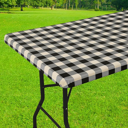 Smiry Rectangle Picnic Table Cloth, Elastic Waterproof Fitted Vinyl Tablecloths, Flannel Backed Buffalo Plaid Table Covers for Dining, Camping, Outdoor (Black and Beige, 30" x 96")