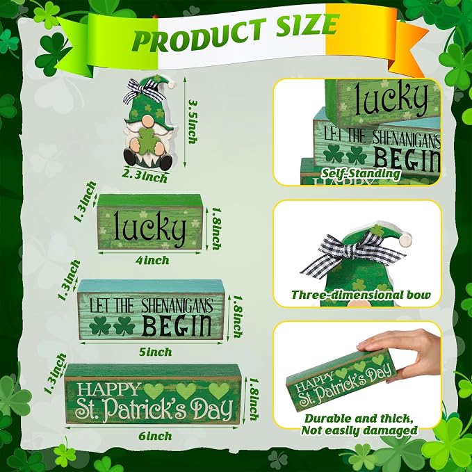 Moucuny 4 Pcs St. Patrick's Day Table Decoration Irish Tiered Tray Decor Wooden - Image 3
