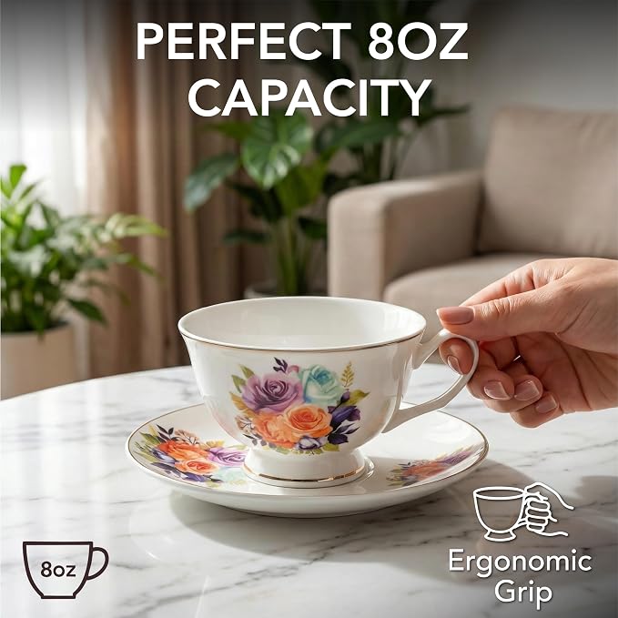 BTaT- Floral Tea Cups and Saucers, 8 oz, Fine Porcelain Teacup Set - Image 3