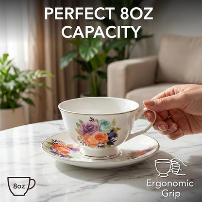 BTaT- Floral Tea Cups and Saucers, 8 oz, Fine Porcelain Teacup Set - Image 3