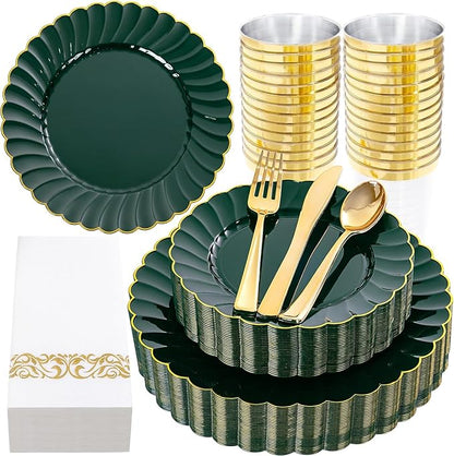 YOUBET 175PCS Green Scalloped Plastic Plates - Green and Gold Disposable Dinnerware Set Include 50 Plates, 75 Gold Silverware, 25 Cups, 25 Napkins for Party & Wedding