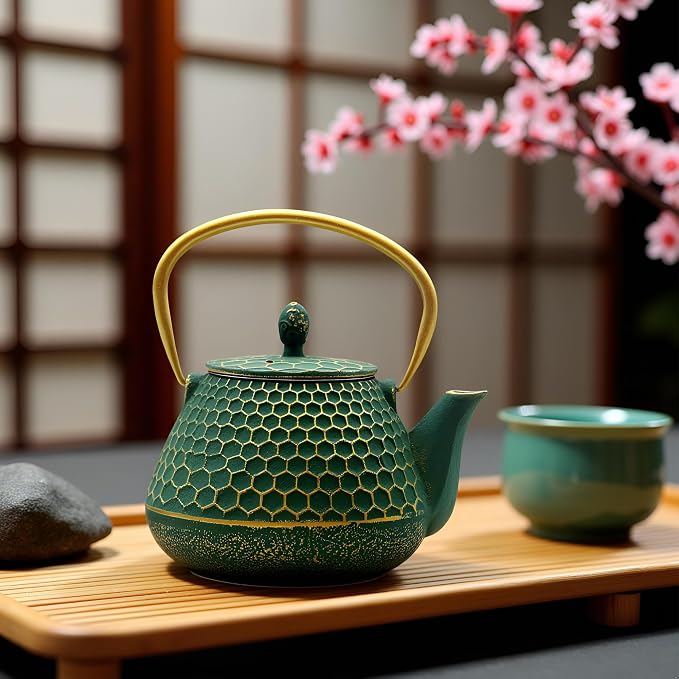 YJX Cast Iron Teapot and Cups Set, 33.8oz Hexagon Pattern Tea Pot Enameled - Image 4