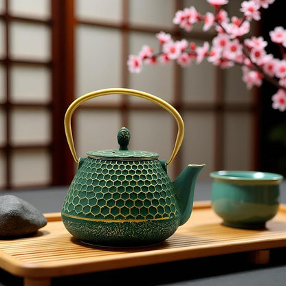 YJX Cast Iron Teapot and Cups Set, 33.8oz Hexagon Pattern Tea Pot Enameled - Image 4