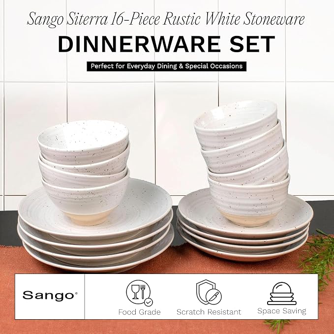 Sango Siterra 16-Piece Rustic White Stoneware Dinnerware Set – Service - Image 2