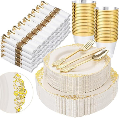 Nervure 350Pcs Ivory Plastic Plates, Plastic Dinnerware Set by Nervure