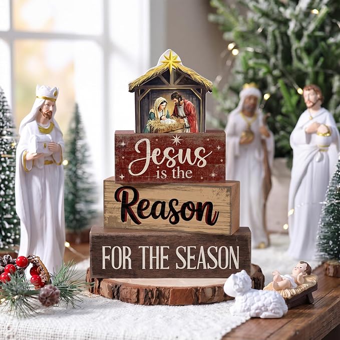 Moucuny 4 Pcs Christmas Table Decoration Christian Wooden Stacked Block - Image 2