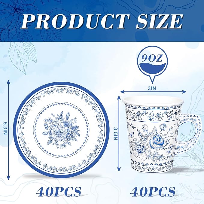 Whaline 80Pcs Blue White Floral Paper Tea Cups and Saucers Porcelain - Image 2