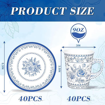 Whaline 80Pcs Blue White Floral Paper Tea Cups and Saucers Porcelain - Image 2