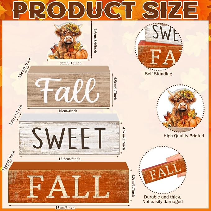 Moucuny 4 Pcs Fall Decoration for Highland Cow Home Fall Table Decor Wooden - Image 2