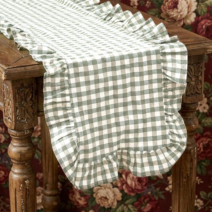 HunnmingRe 1 Pc Gingham Table Runner Green, 118 X 13.8 Inch | Cotton Dresser - Image 9
