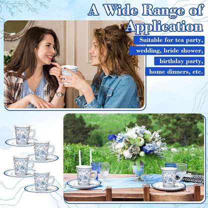 Whaline 80Pcs Blue White Floral Paper Tea Cups and Saucers Porcelain - Image 7