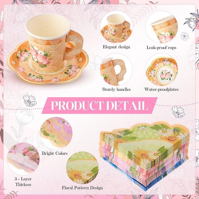 Nuogo 300 Pcs Vintage Floral Disposable Tea Party Set - Image 5