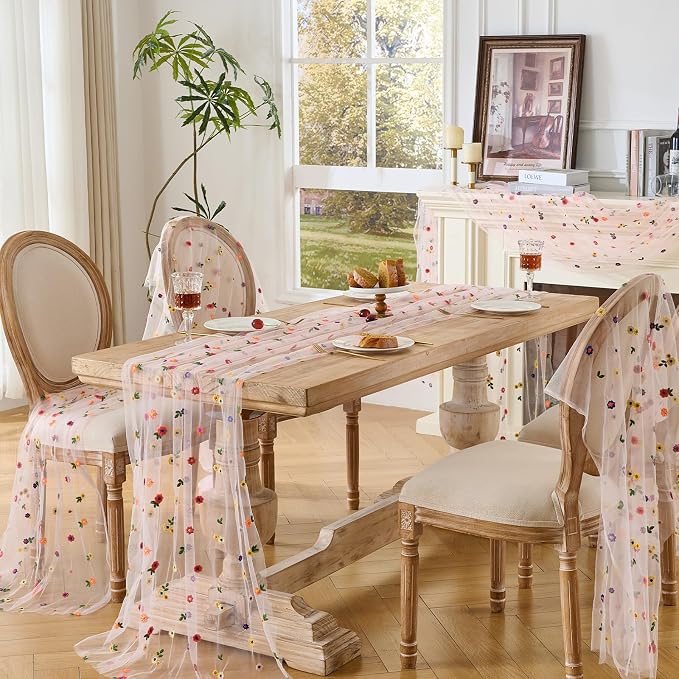 BINBE 12pcs Daisy Spring Table Runner Embroidery Gauze 10FT Florals Seasonal - Image 6