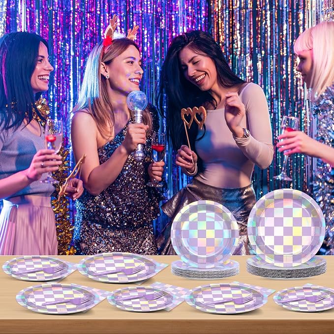 96Pcs Iridescent Birthday Party Supplies Purple Checkered Paper Plates Napkins - Image 6