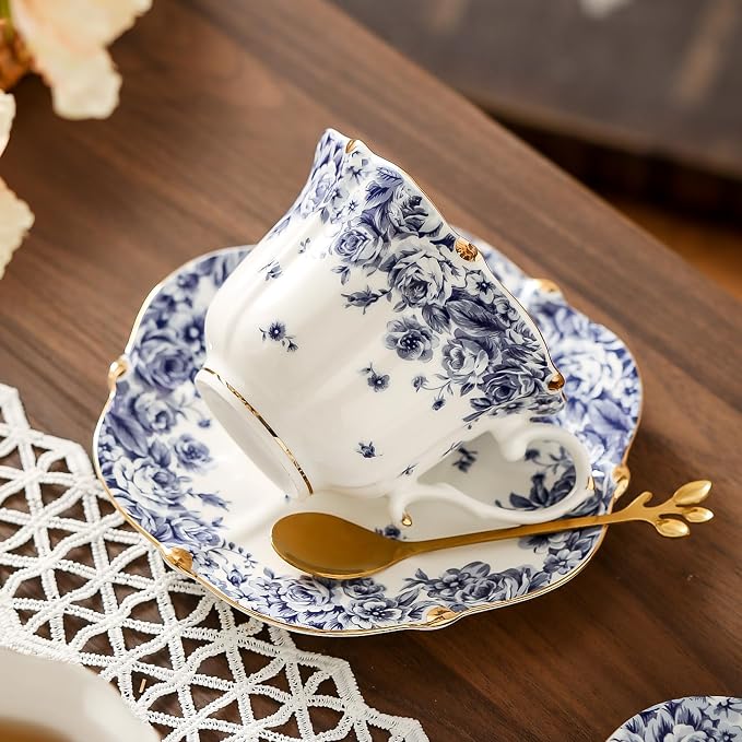 TATSUMI Country Roses Bone China Tea Cup and Saucer Set, 3 Pieces, Vintage Style - Image 7