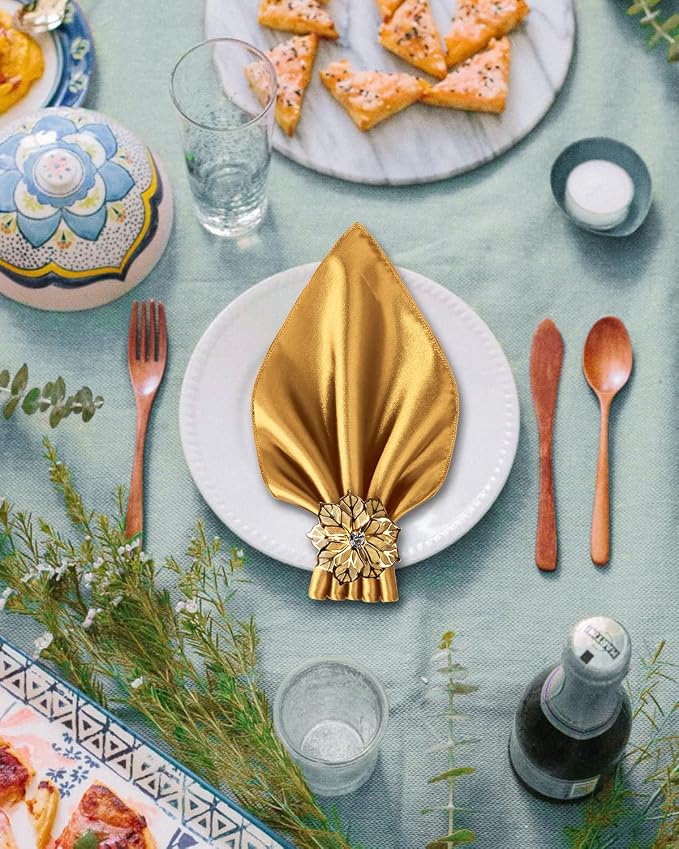 12 Pack Gold Napkin Rings and Cloth Napkins Set of 6, 17x17 Satin Cocktail - Image 2