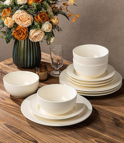 Ceramic Dinnerware Set for 4, 12-Piece Plates and Bowls Set | Lightweight - Image 4