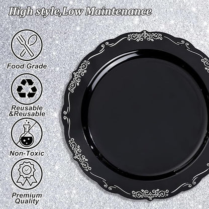 DaYammi 60PCS Black and Silver Plastic Plates, Heavy Duty Black and Silver Disposable Plates Premium 10inch Dinner Plate Hard Plastic Plate Disposable for Party and Wedding